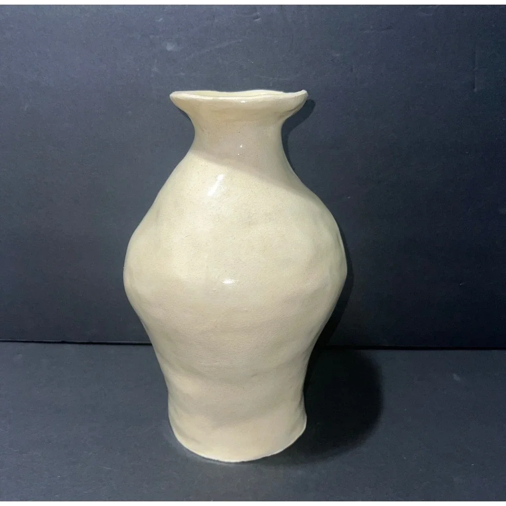 Artisan Ceramic Sculptural Face Vase Cream Glossy Hand Molded Surrealist Vessel